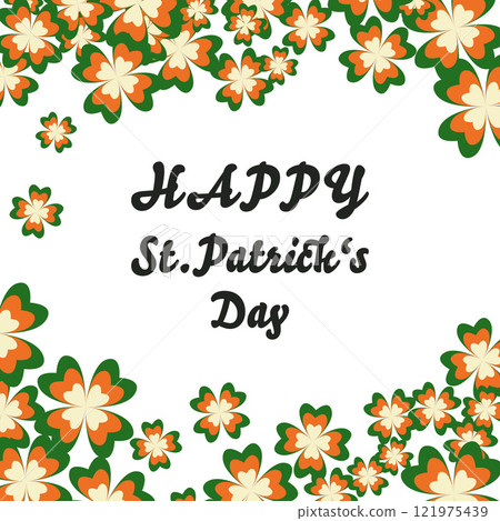 Irish four-leaf clover symbol, tricolour concept greeting card. Traditional flag colours . St. Patricks spring Celtic culture celebration. Square shape background, vector illustration, text space Irish four-leaf clover symbol, tricolour concept greeting card. Traditional flag colours . St. Patricks spring Celtic culture celebration. Square shape background, vector illustration, text space 121975439