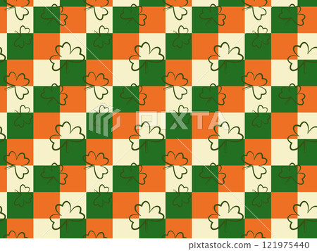 Irish tricolour checkered seamless pattern. Tree leaves clover line traditional symbol of good luck, fortune. St. Patricks spring Celtic culture celebration. Cute vector illustration background 121975440