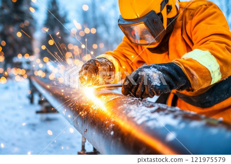 Welder joining two pipeline sections with precision in open field 121975579