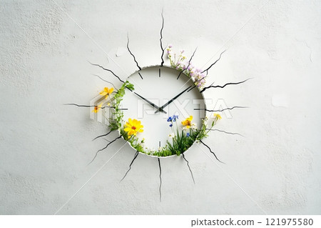 A cracked wall clock with vibrant flowers blooming out of the cracks, symbolizing the passage of time 121975580