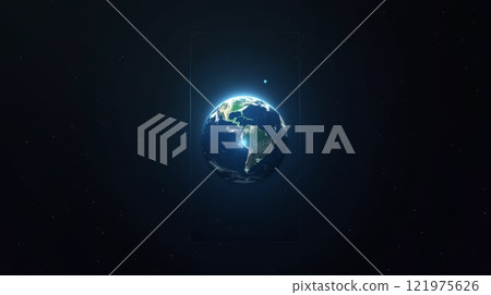 Planet Earth glowing in space with a digital overlay, surrounded by stars on a dark background. Global technology and astronomy concept 121975626