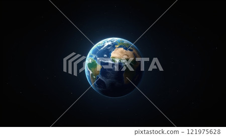Planet Earth view from space showing continents, oceans, and clouds with dark outer space background 121975628