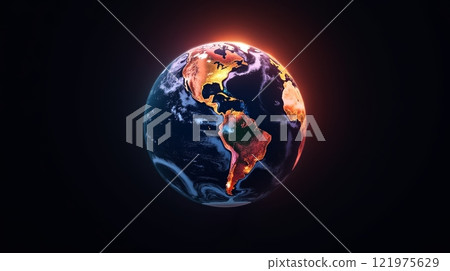 Planet Earth illuminated with glowing red and orange continents, showing North and South America against dark space background Planet Earth illuminated with glowing red and orange continents, showing North and South America against dark space background 121975629