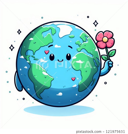 Cute cartoon Earth character holding a pink flower. Smiling planet with green continents and blue oceans on a white background Cute cartoon Earth character holding a pink flower. Smiling planet with green continents and blue oceans on a white background 121975631