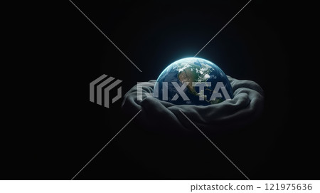 Planet Earth rests in a warm blanket on a dark background. The concept of environmental protection and global care, copy space 121975636