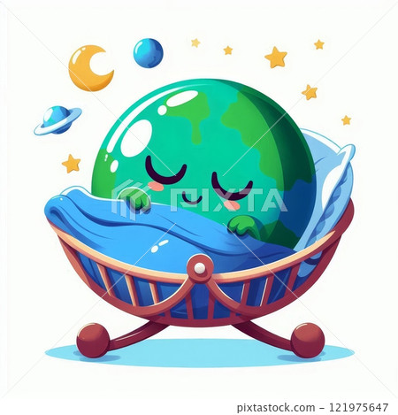 Cartoon Earth planet sleeping peacefully in a baby crib with stars and moon around. Concept of care, protection, and environmental peace 121975647