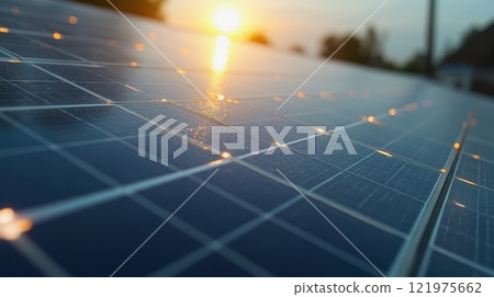 Close-up of solar panels reflecting sunlight outdoors. Renewable energy concept. Sustainable technology for clean energy production 121975662