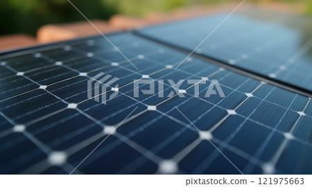 Close-up of solar panels reflecting sunlight outdoors. Renewable energy concept. Sustainable technology for clean energy production Close-up of solar panels reflecting sunlight outdoors. Renewable energy concept. Sustainable technology for clean energy production 121975663