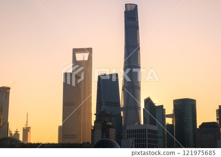 Early morning skyscrapers seen from the Bund, Shanghai, China 121975685