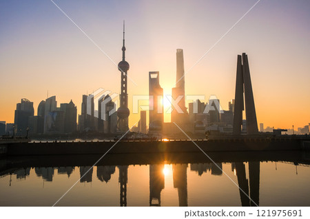 Skyscrapers in the Pudong New Area in Shanghai, China, early in the morning 121975691