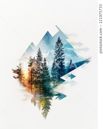 Abstract ecological design featuring trees, mountains, and nature-inspired geometric patterns. 121975733