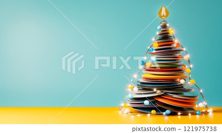 Creative Christmas tree made of colorful vinyl records Creative Christmas tree made of colorful vinyl records 121975738
