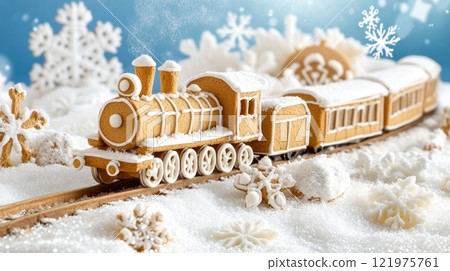 Gingerbread train with icing details surrounded by Christmas cookies and festive decorations 121975761