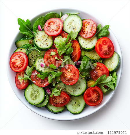 Fresh cucumber and tomato salad served in a bowl with greens and herbs for a healthy meal option Fresh cucumber and tomato salad served in a bowl with greens and herbs for a healthy meal option 121975951