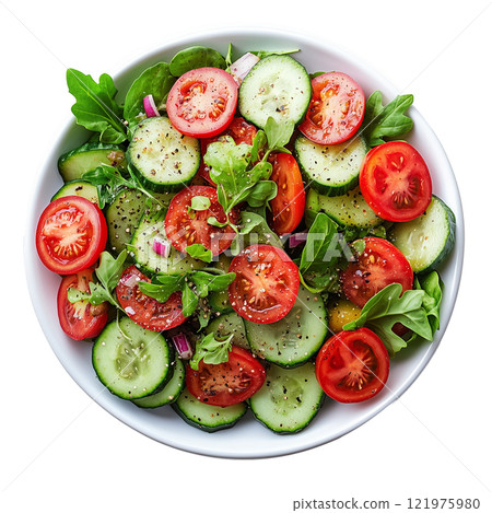 Fresh cucumber and tomato salad with arugula and onions served in a white bowl 121975980