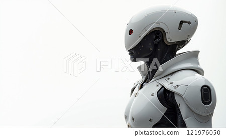 Futuristic humanoid robot in a sleek design standing against a minimalist background 121976050
