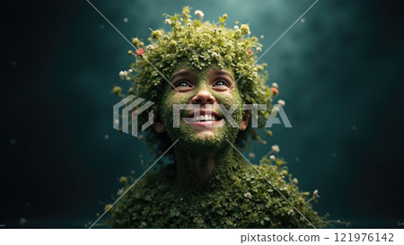 Child with a joyful expression adorned in vibrant green foliage and flowers, surrounded by an enchanting atmosphere in nature 121976142