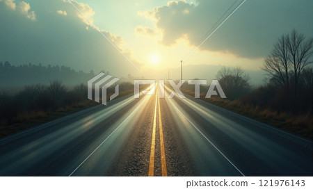 Sunrise illuminating a long, empty road surrounded by nature with gentle mist and soft clouds in the early morning 121976143