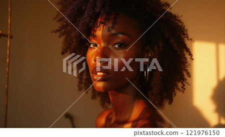 Captivating portrait of a woman with curly hair in warm lighting during golden hour 121976150