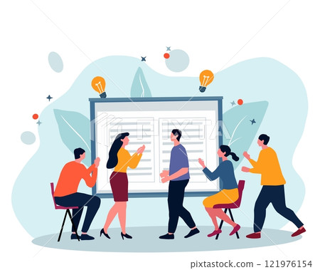 Team brainstorming and collaboration concept illustration. Group of people discussing ideas, planning, and working together on a project. Perfect for teamwork and business themes 121976154