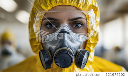 Man wearing yellow protective suit and face mask in contaminated environment Man wearing yellow protective suit and face mask in contaminated environment 121976202