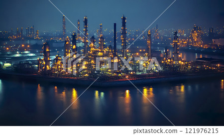 Large industrial refinery with smoke stacks and storage tanks under a clear blue sky Large industrial refinery with smoke stacks and storage tanks under a clear blue sky 121976215