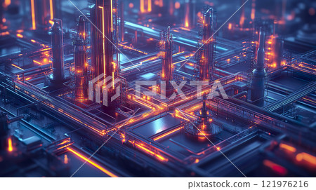 Futuristic cityscape featuring numerous interconnected pipes and advanced infrastructure 121976216
