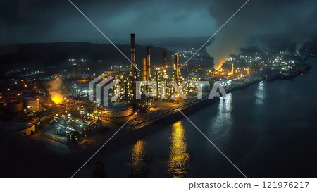 Large industrial plant with smokestacks and machinery in a manufacturing facility Large industrial plant with smokestacks and machinery in a manufacturing facility 121976217