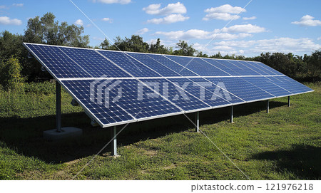 Solar panel installed on open field under clear blue sky for renewable energy production 121976218