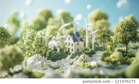 House surrounded by trees and wind turbines in a scenic landscape 121976275