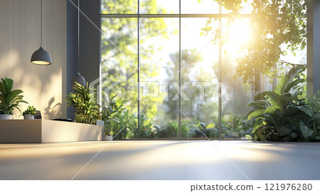 Room interior with window planter lamp and minimalist furniture design for modern living space 121976280