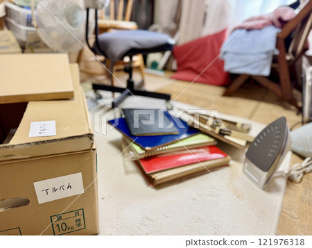 Behind the cardboard boxes is a room cluttered with albums and other items. 121976318