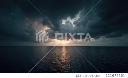 Dramatic sunset over the ocean with dark clouds and gentle waves at dusk 121976361