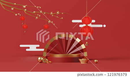 3D render, Display Podium with Chinese new year celebration background with red lanterns, gold fan, and festive ornaments. 121976379