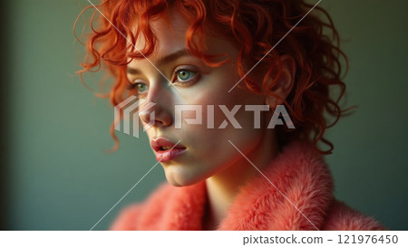 Portrait of a young woman with vibrant curly red hair in a soft pink coat against a neutral background 121976450