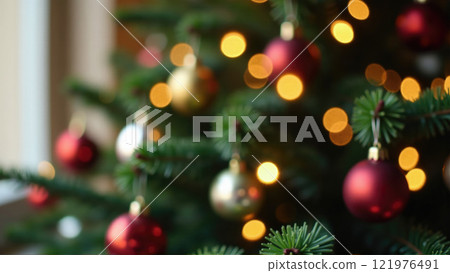 Decorative Christmas tree adorned with red and gold ornaments and twinkling lights in cozy interior setting Decorative Christmas tree adorned with red and gold ornaments and twinkling lights in cozy interior setting 121976491