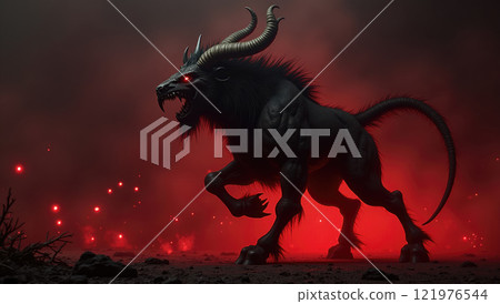 Mysterious creature emerges from a dark landscape illuminated by red light and smoke in a fantasy setting 121976544