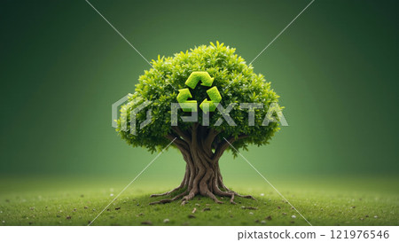 Bright green tree symbolizing environmental conservation with a recycling logo in a serene setting 121976546