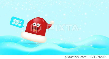 Vector cartoon happy Santa Claus red hat character with eyes and mouth isolated on blue snow background. Merry Christmas greeting card, poster and horizontal banner with funny Santa Claus hat Vector cartoon happy Santa Claus red hat character with eyes and mouth isolated on blue snow background. Merry Christmas greeting card, poster and horizontal banner with funny Santa Claus hat 121976563