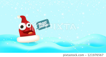 Vector cartoon happy Santa Claus red hat character with eyes and mouth isolated on blue snow background. Merry Christmas greeting card, poster and horizontal banner with funny Santa Claus hat Vector cartoon happy Santa Claus red hat character with eyes and mouth isolated on blue snow background. Merry Christmas greeting card, poster and horizontal banner with funny Santa Claus hat 121976567