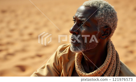 Elderly man in traditional attire reflecting quietly in a serene desert during golden hour Elderly man in traditional attire reflecting quietly in a serene desert during golden hour 121976573
