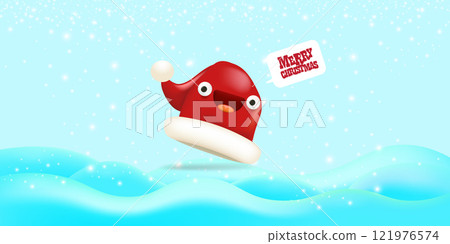 Vector cartoon happy Santa Claus red hat character with eyes and mouth isolated on blue snow background. Merry Christmas greeting card, poster and horizontal banner with funny Santa Claus hat Vector cartoon happy Santa Claus red hat character with eyes and mouth isolated on blue snow background. Merry Christmas greeting card, poster and horizontal banner with funny Santa Claus hat 121976574