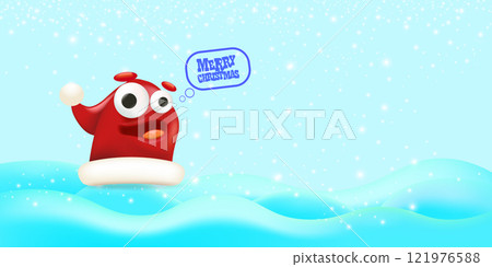 Vector cartoon happy Santa Claus red hat character with eyes and mouth isolated on blue snow background. Merry Christmas greeting card, poster and horizontal banner with funny Santa Claus hat 121976588