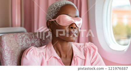 Woman sleeping on airplane with eye mask, relaxed travel concept 121976887