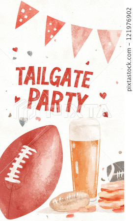 Tailgate party background with football, snacks, and beer with text Tailgate party 121976902