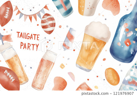 Tailgate party background with football, snacks, and beer with text Tailgate party 121976907