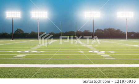 American football field with bright stadium lights and fog, ideal for sports background 121976930