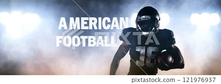 American football player in red uniform in action with stadium lights with text American football American football player in red uniform in action with stadium lights with text American football 121976937