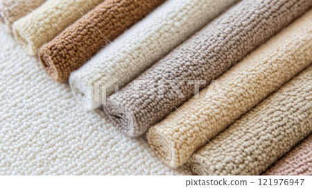 Boucle Fabric samples in various neutral colors close up arranged, texture detail, interior design palette background Boucle Fabric samples in various neutral colors close up arranged, texture detail, interior design palette background 121976947