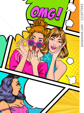 Woman whispering gossip secret to her friend surprise In Retro Vintage Pop Art Comic Style 121977043